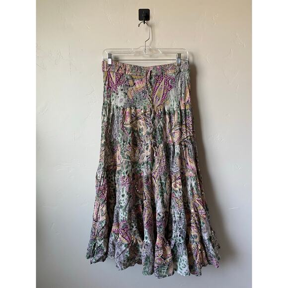 SIlver Stream Paisley Print Flowy Boho Hippie Sequin Cotton Pull On Maxi Skirt - Picture 5 of 10